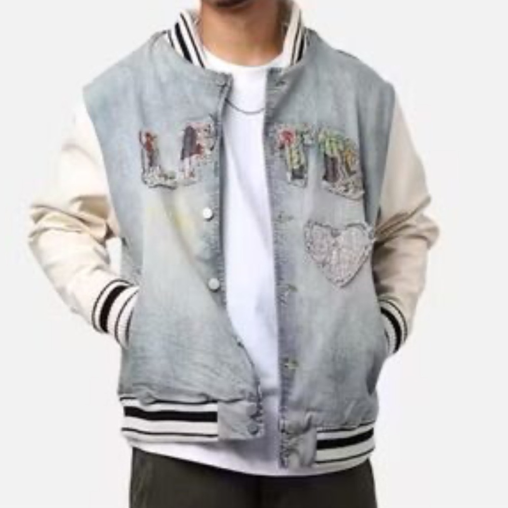 Lifted Anchor NWT size Med Men’s, unisex denim Martina Boro letterman jacket